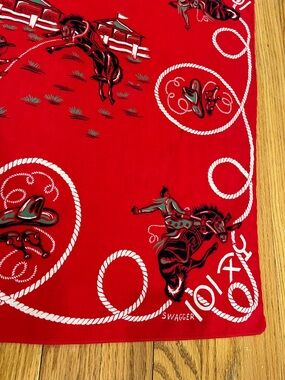 Vtg 50s SWAGGER Red Scarf Bandana Western Cowboy On Bucking Horse Corral Cotton